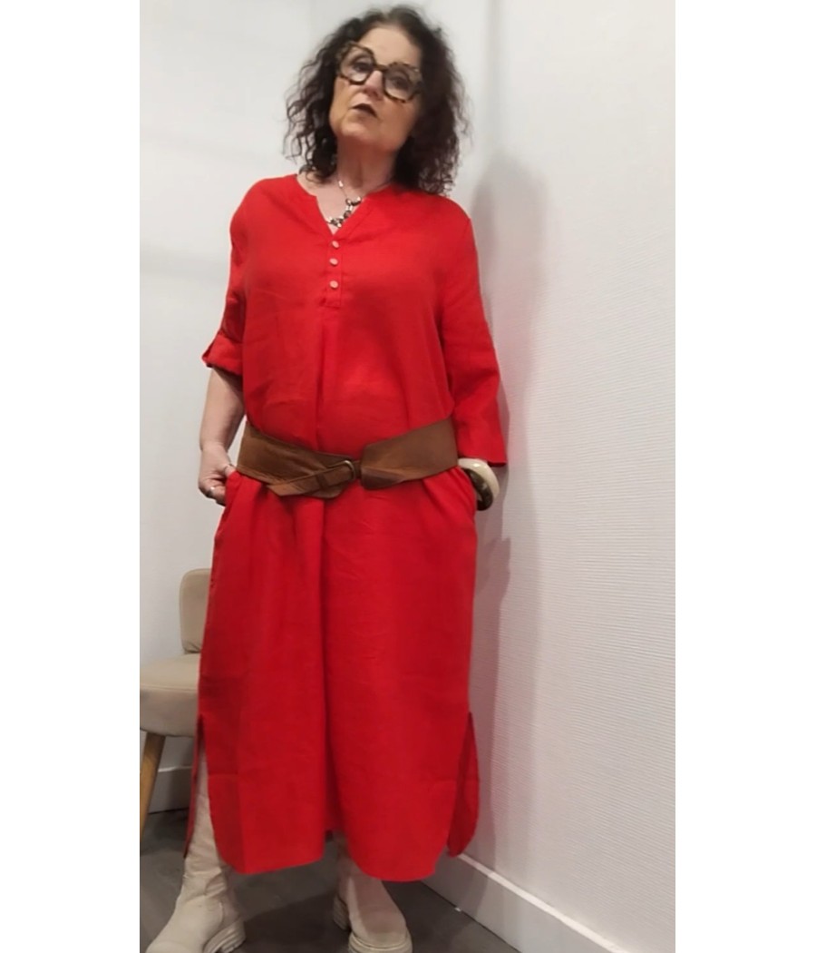 robe-lin-femme-manches-3-4-fluide-rougefantomasnoir.com