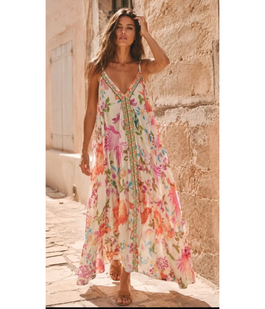 ROBE LONGUE À BRETELLES IMPRIMÉE – 100% COTON