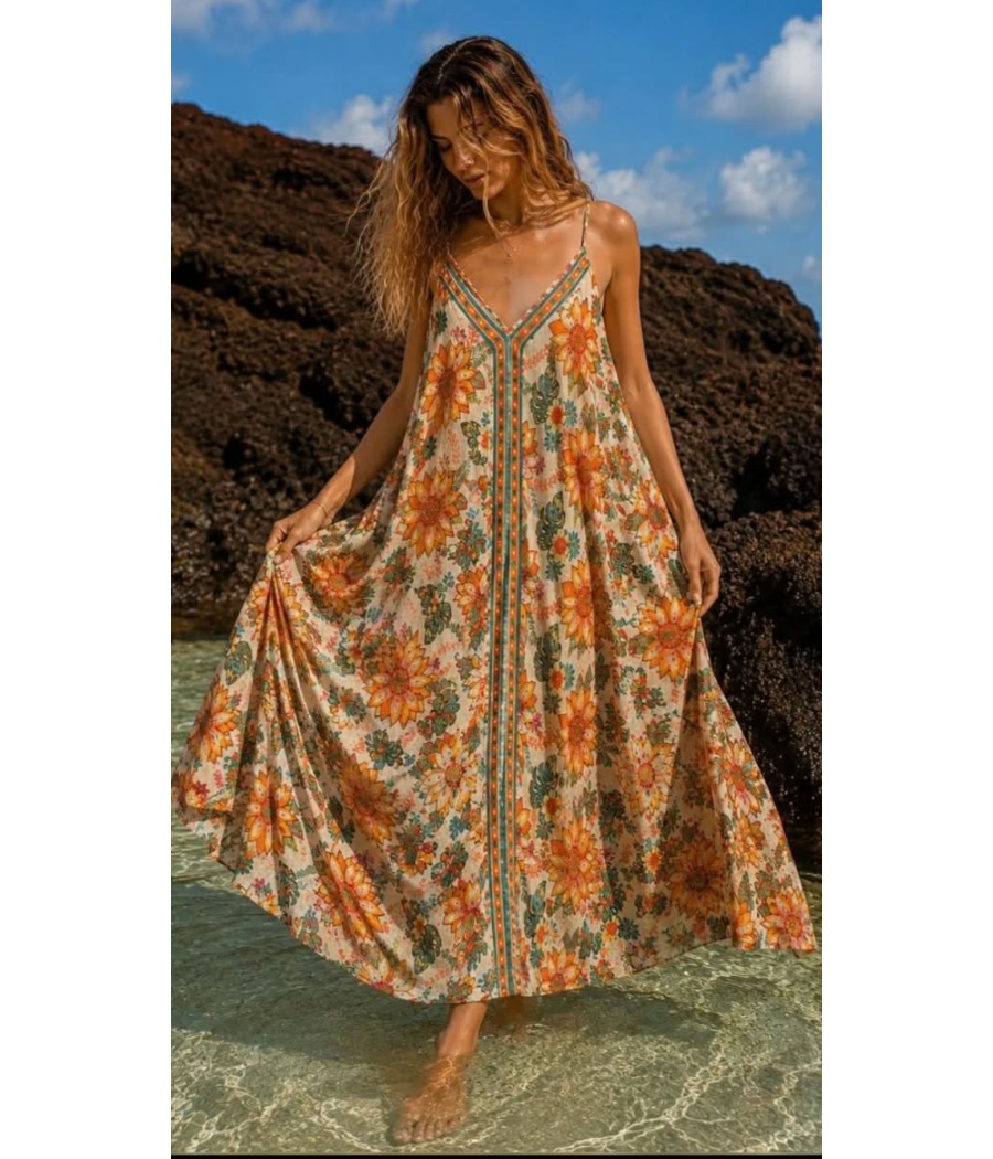 ROBE LONGUE À BRETELLES IMPRIMÉE – 100% COTON