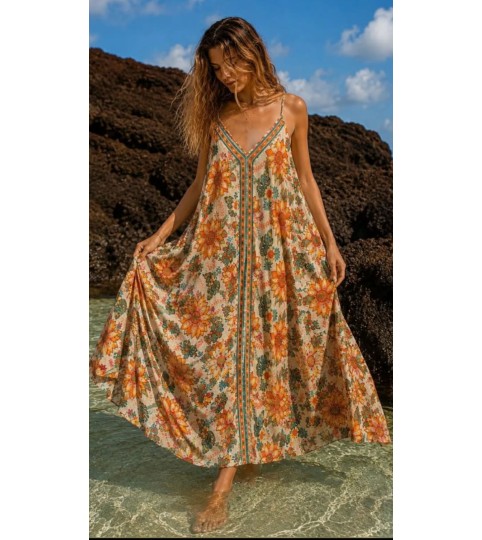 ROBE LONGUE À BRETELLES IMPRIMÉE – 100% COTON