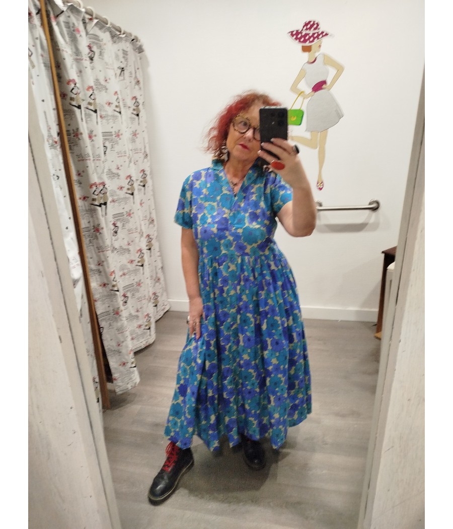 robe longue - ska - imprimé à fleurs bleu - marque kali-yog - rougefantomasnoir.com