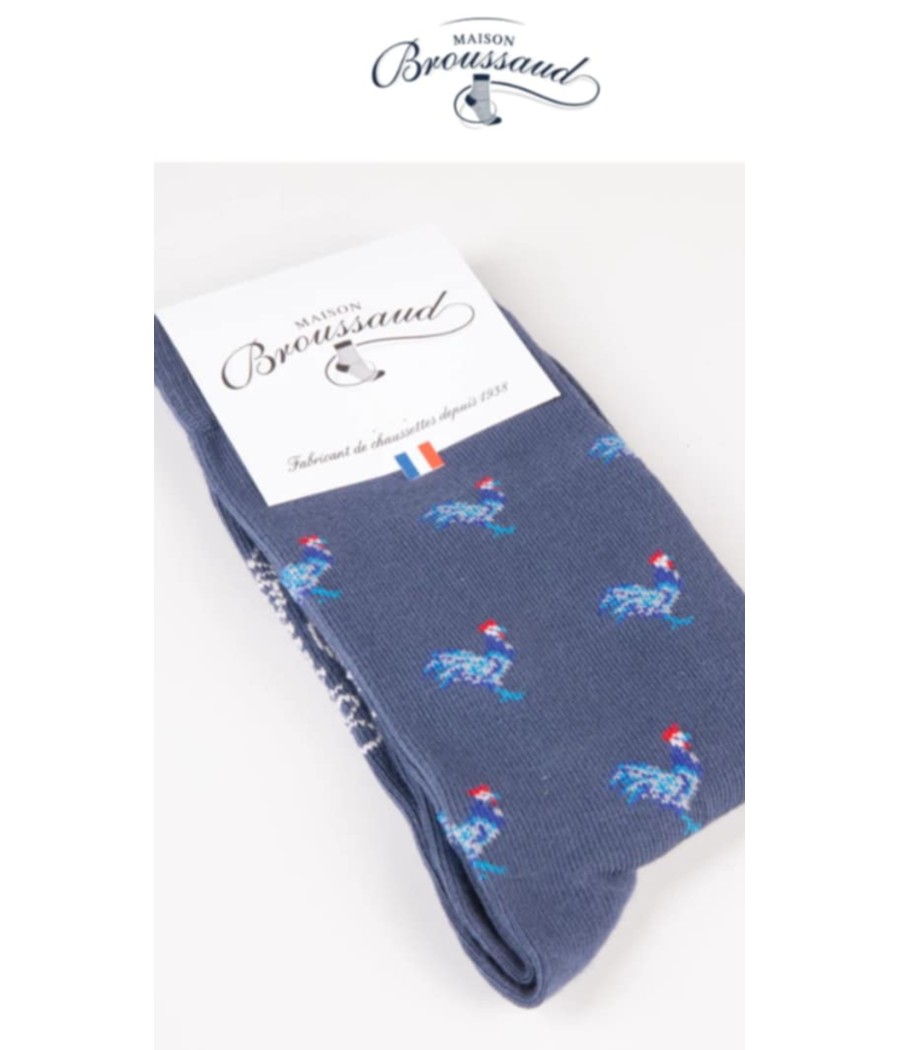les coqs - bleu- chaussettes homme - maison broussaud - rougefantomasnoir.com