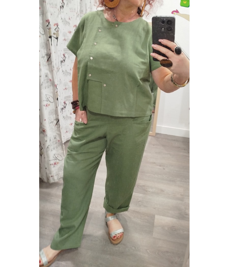pantalon droit - vert - taille élastique - pan basico - rougefantomasnoir.com