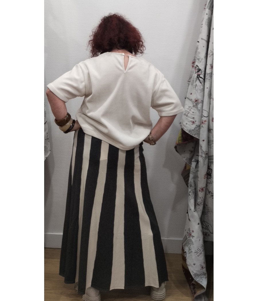 jupe - longue - en - maille - à - pans - gris - et - beige - pan basico - rougefantomasnoir.com