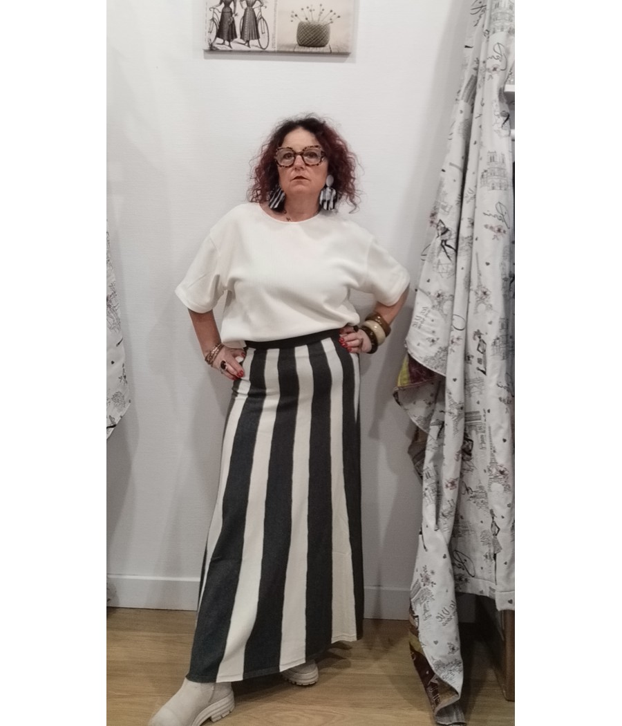 jupe - longue - en - maille - à - pans - gris - et - beige - pan basico - rougefantomasnoir.com
